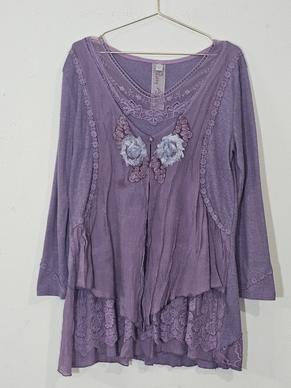 Pretty Angel Lavender Floral Appliqué Long Sleeve Tunic Whimisigoth Sz L Womens